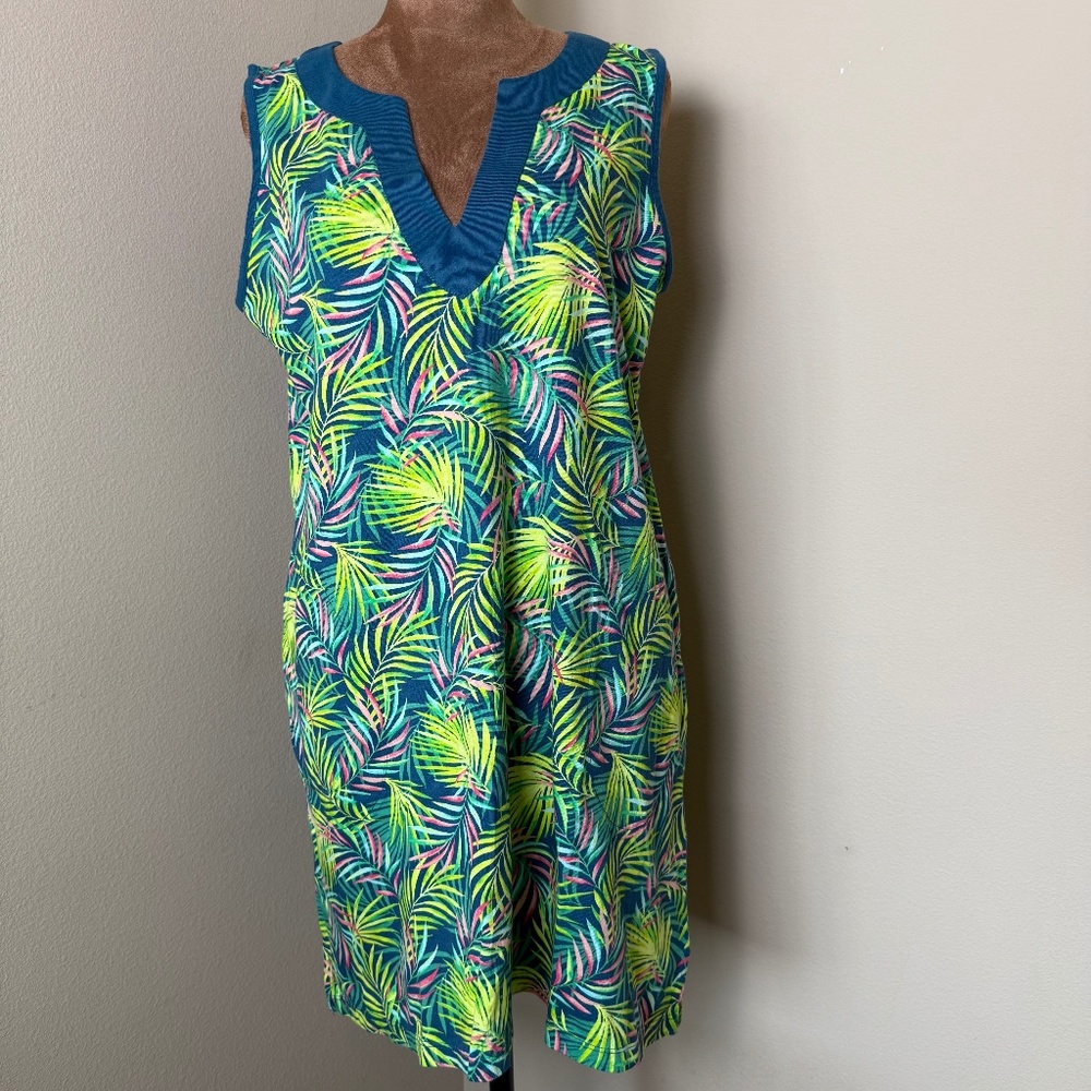 Lands End Cotton Jersey Swim Coverup Dress Womens MP Medium Petite Tropical Palm